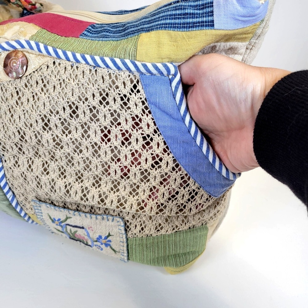 Handmade‎ Grannycore Patchwork Shoulder Bag Embroidered Floral Pockets Buttons - Picture 11 of 16